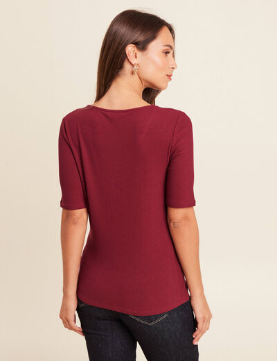 T-shirt cintr&eacute; col v manches coudes bordeaux femme
