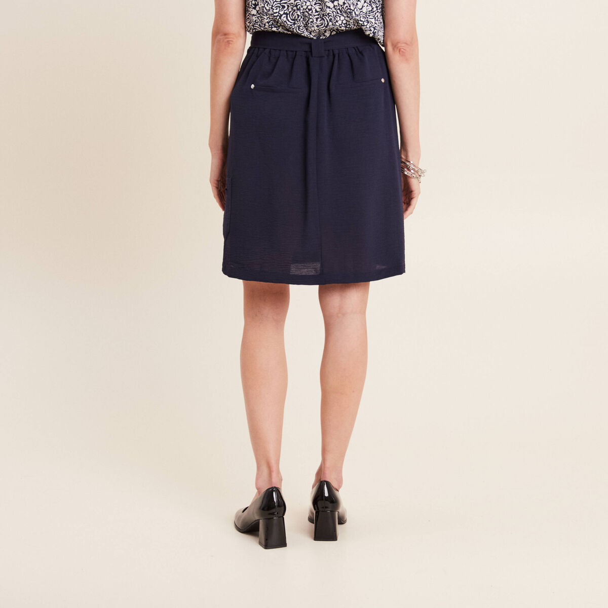 Jupe droite ceinturée bleu foncé femme