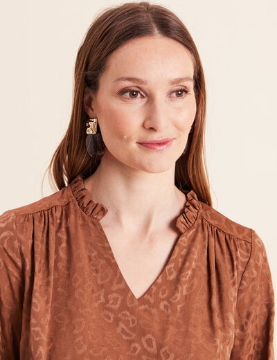 Blouse jacquard col v manches longues noir femme