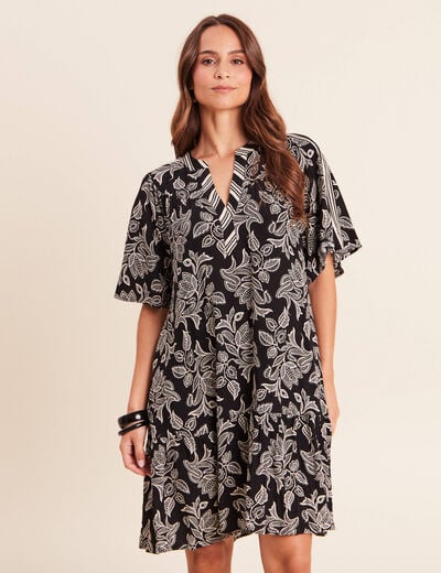 Robe courte &eacute;vas&eacute;e col tunisien noir femme