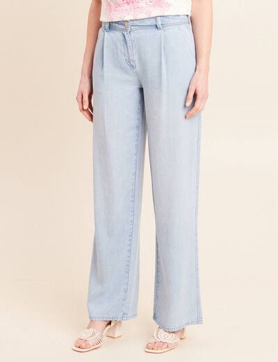 Pantalon large doubl&eacute; fluide denim bleach femme