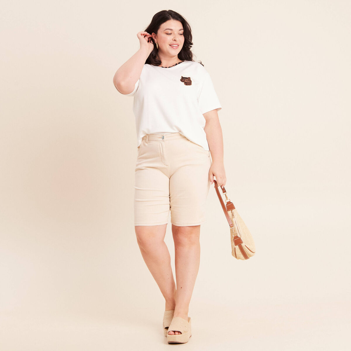 T-shirt col rond manches courtes ecru femme