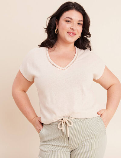 T-shirt col v manches courtes aspect lin beige femme