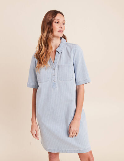 Robe courte &eacute;vas&eacute;e en jean col chemise blanc femme