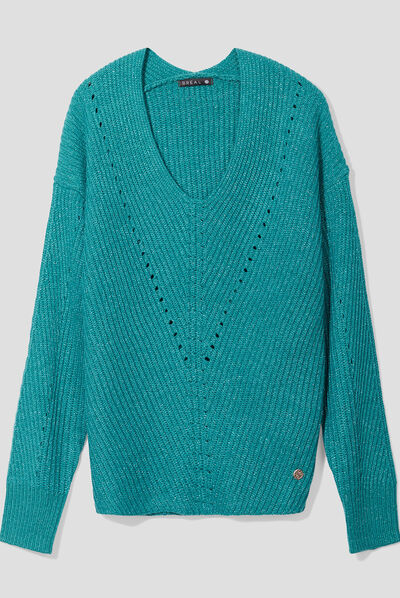 Pull manches longues col en V vert foncé femme