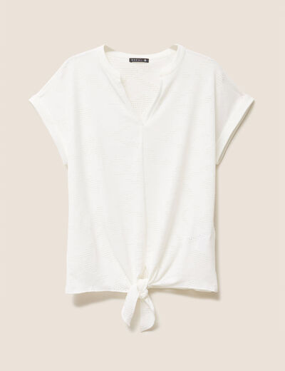 T-shirt col tunisien manches courtes blanc femme