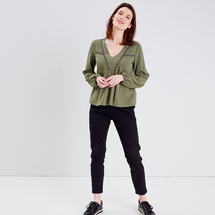 T-shirt manches longues vert kaki femme