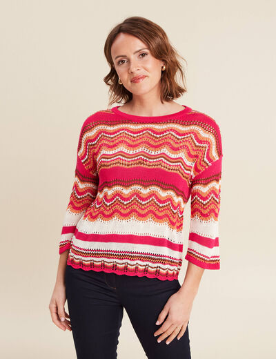 Pull manches 3/4 ajouré rose fushia femme