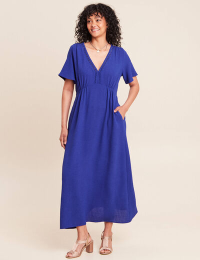 Robe longue &eacute;vas&eacute;e col v manches coudes bleu fonc&eacute; femme