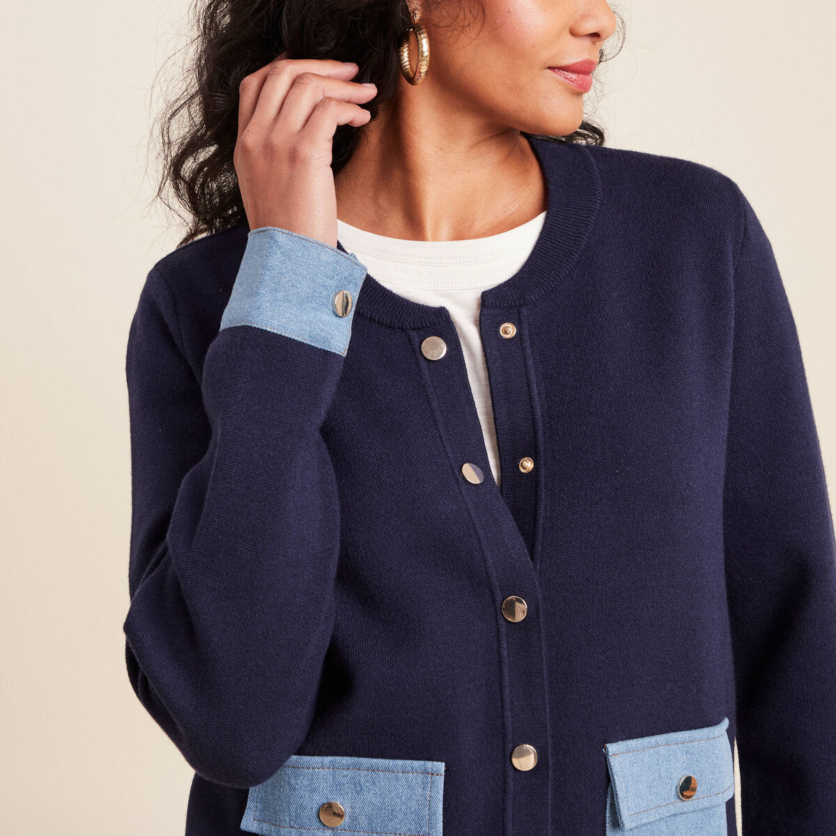 gilet droit court manches longues bleu marine femme