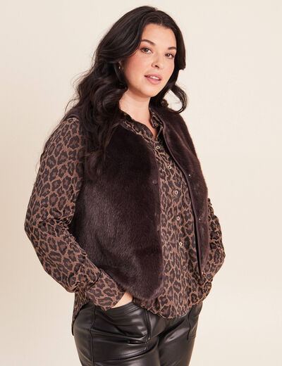 Gilet droit sans manches fausse fourrure marron fonc&eacute; femme