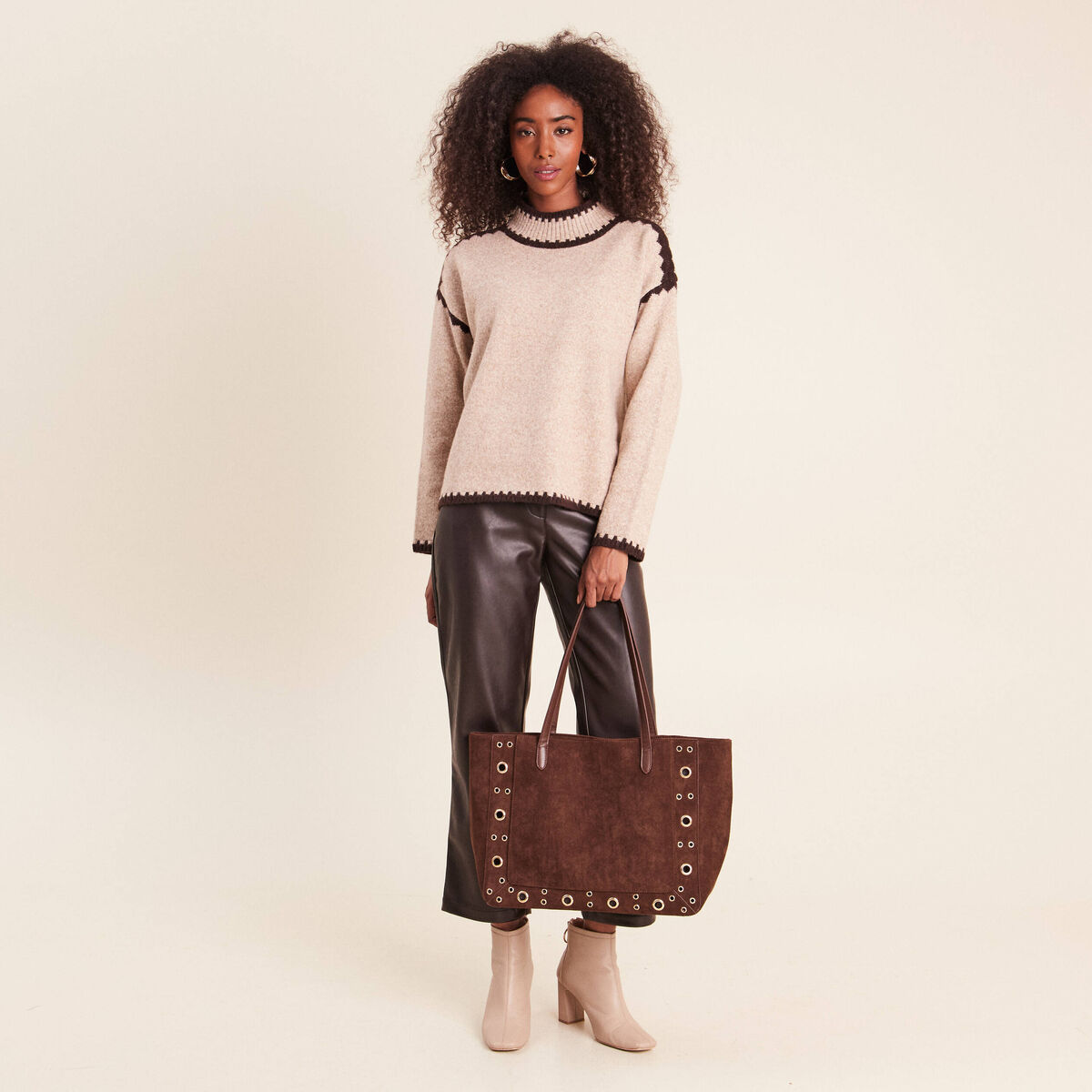 Pull col montant beige femme