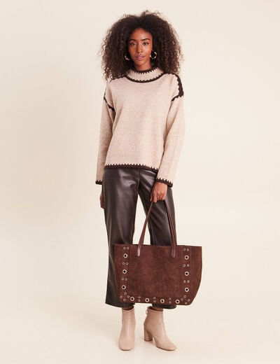 Pull col montant beige femme