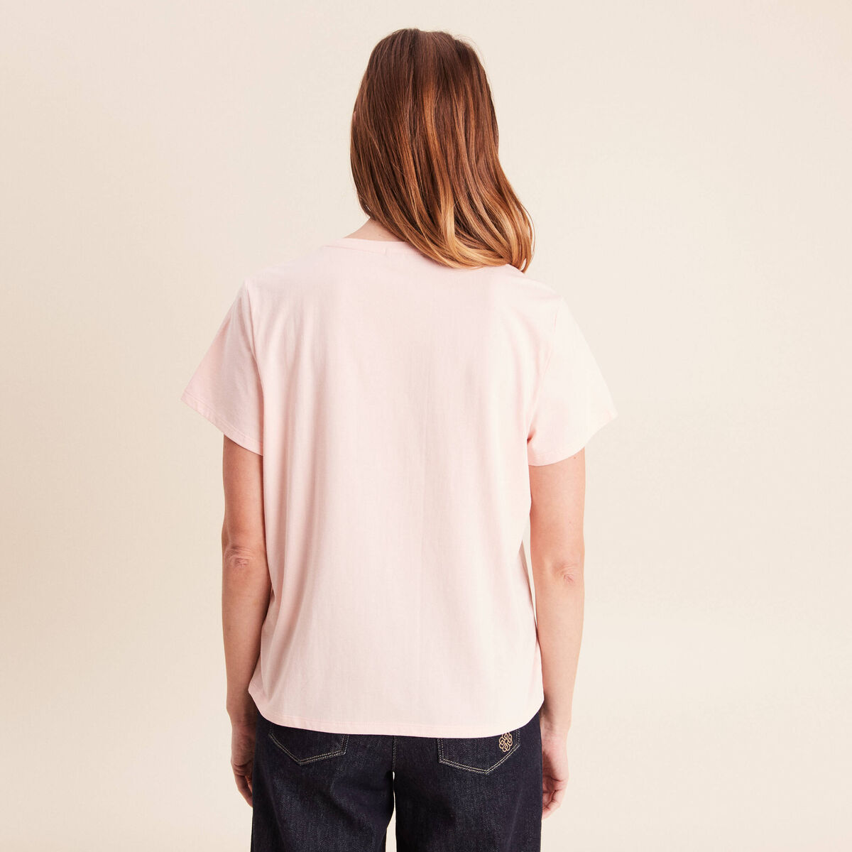 T-shirt col rond manches courtes rose poudr&eacute;e femme