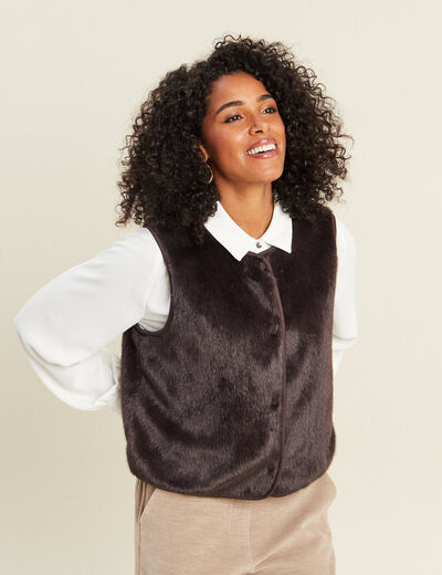 Gilet droit sans manches fausse fourrure marron fonc&eacute; femme
