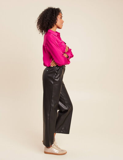Pantalon taille bascul&eacute;e similicuir noir femme