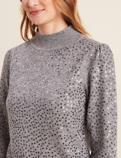 Pull manches longues sequins gris clair femme