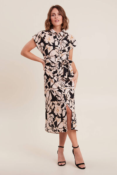 Robe midi droite ceinturée noir femme