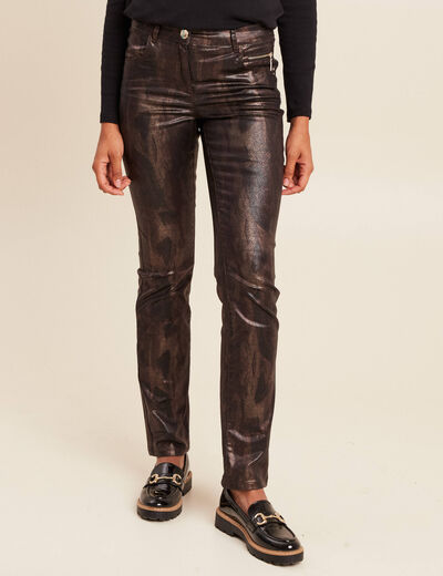 Pantalon taille bascul&eacute;e enduit marron fonc&eacute; femme