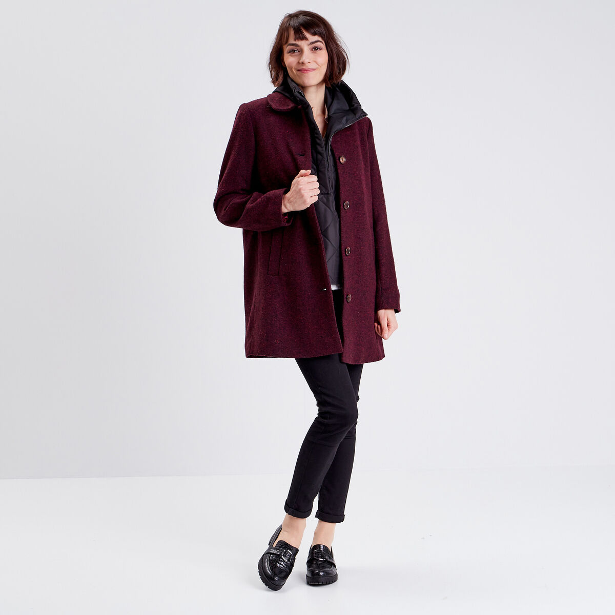 Manteau &eacute;vas&eacute; boutonn&eacute; noir femme