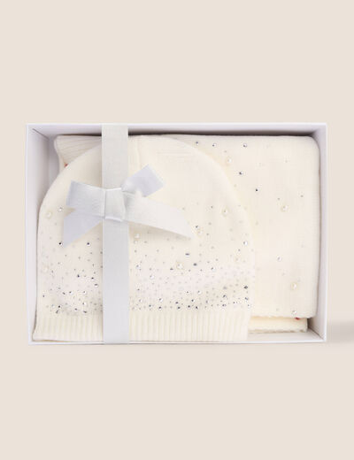 Coffret &eacute;charpe et bonnet &agrave; strass ecru femme