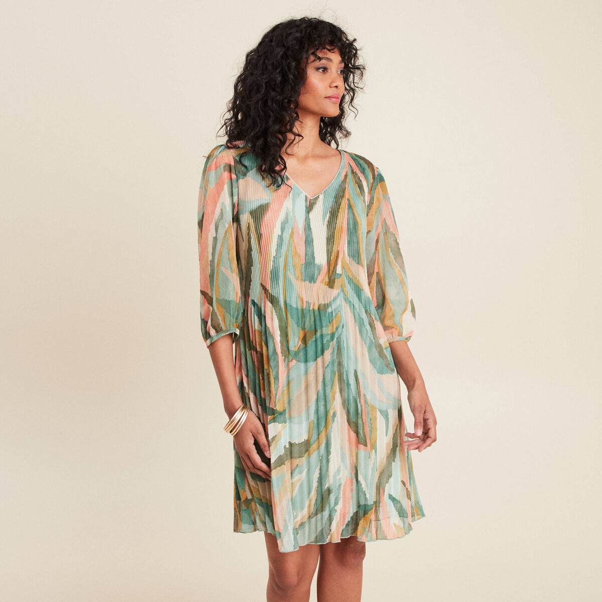 Robe évasée plissée multicolore femme