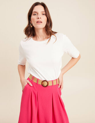 T-shirt ajusté col rond manches coudes ecru femme