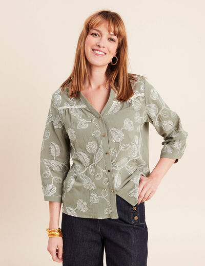 Blouse col tunisien manches 3/4 vert femme