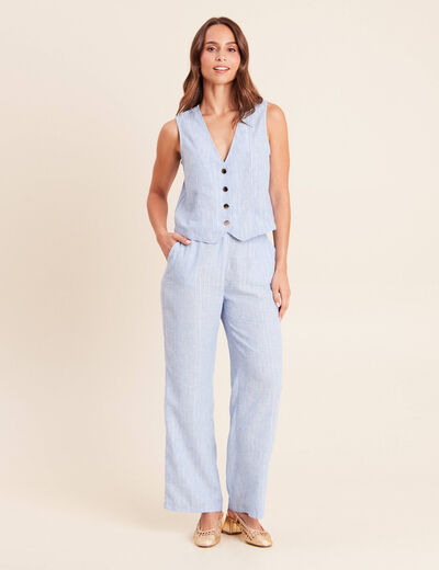 Pantalon large taille haute bleu femme