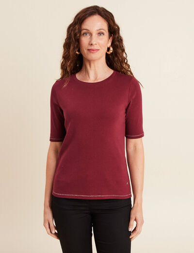 T-shirt ajust&eacute; col rond manches coudes bordeaux femme