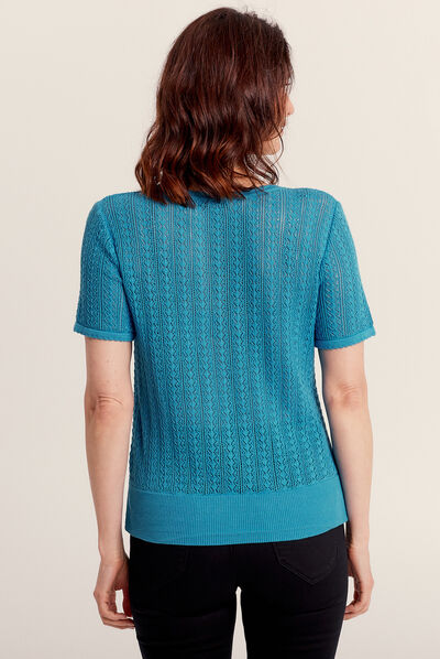 Pull manches courtes ajouré bleu femme