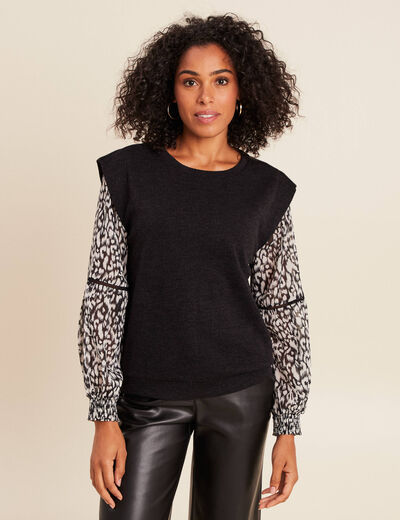 T-shirt col rond manches longues noir femme