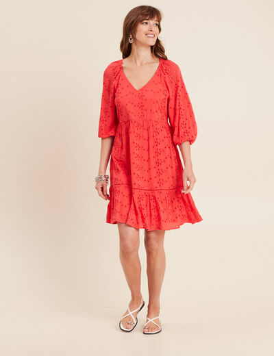 Robe courte manches 3/4 fluide rouge corail femme