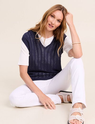 Pull droit sans manches &agrave; capuche bleu marine femme