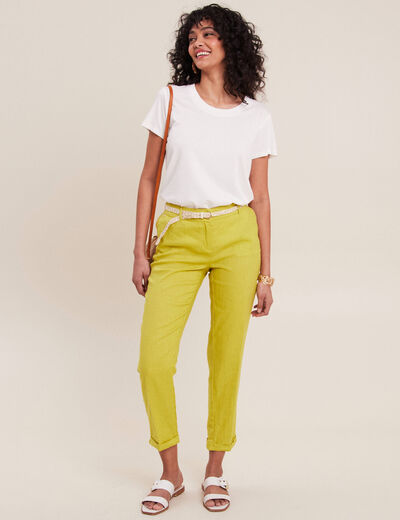 Pantalon coupe chino en lin ceintur&eacute; vert anis femme
