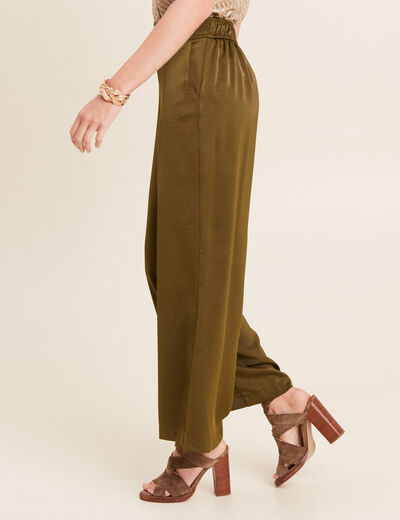 Pantalon large satin vert olive femme