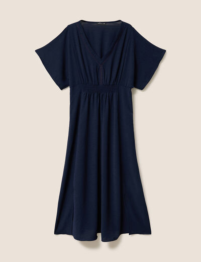Robe longue &eacute;vas&eacute;e col v manches coudes bleu marine femme