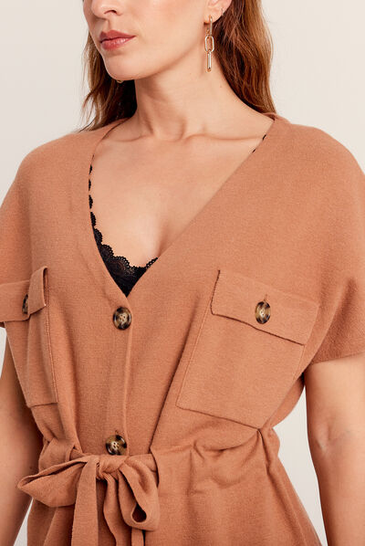 Gilet ceinturé et boutonné camel femme