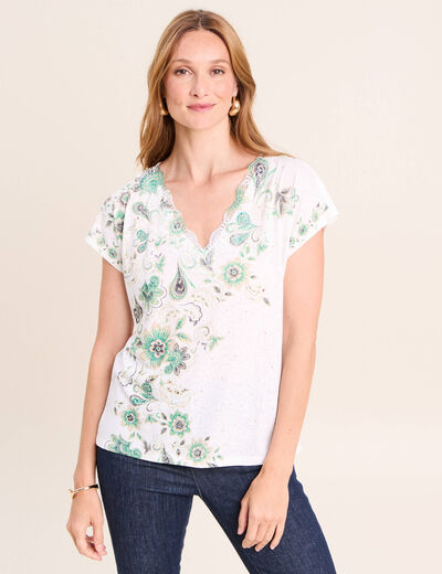 T-shirt col V ecru femme