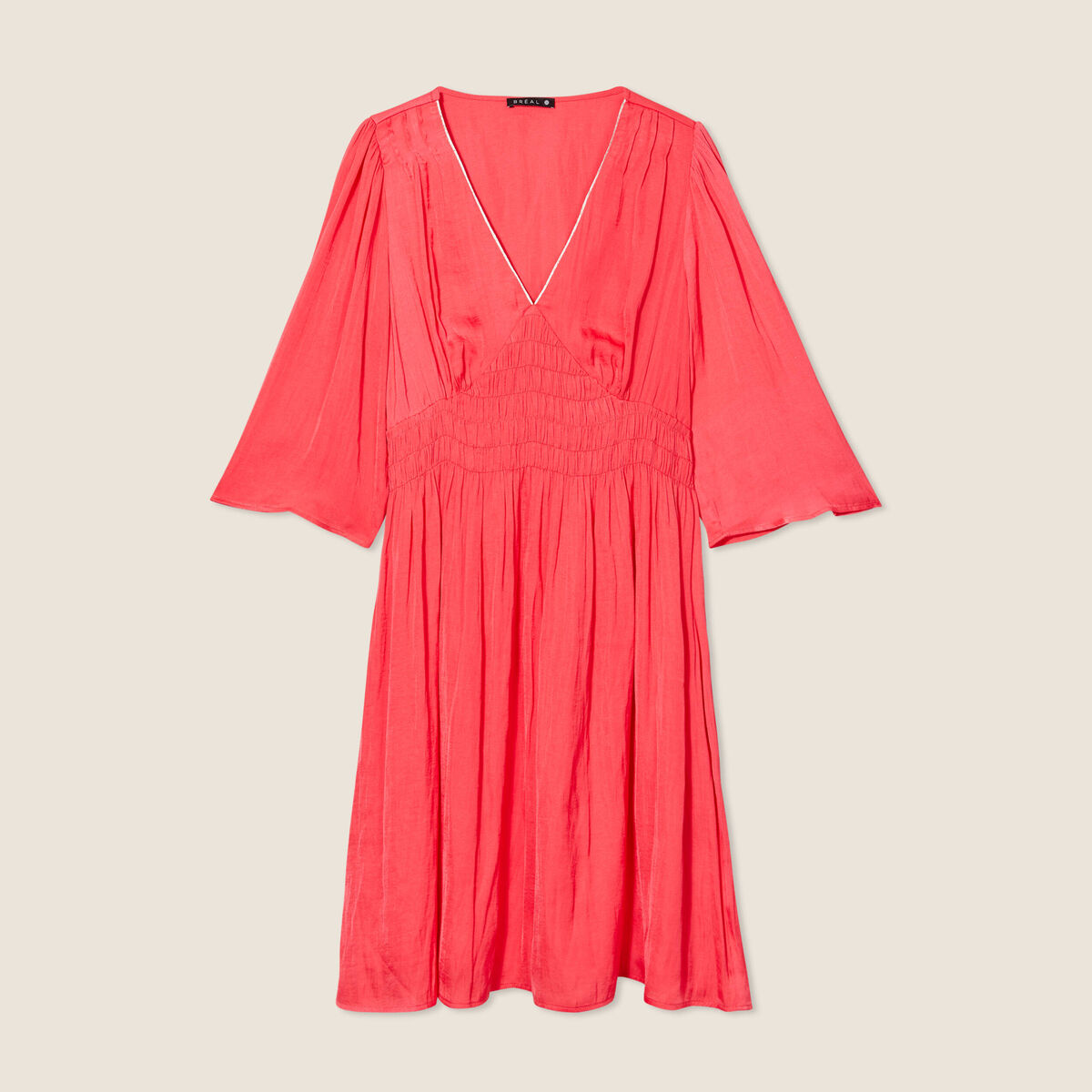 Robe empire smock&eacute;e satin rose cerise femme