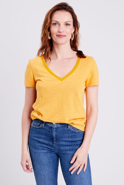 T-shirt manches courtes col en V jaune moutarde femme