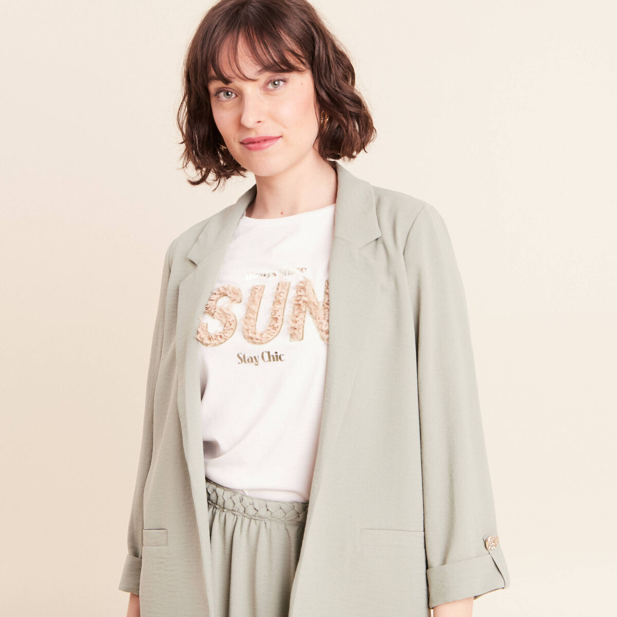 Veste longue droite col tailleur vert clair femme
