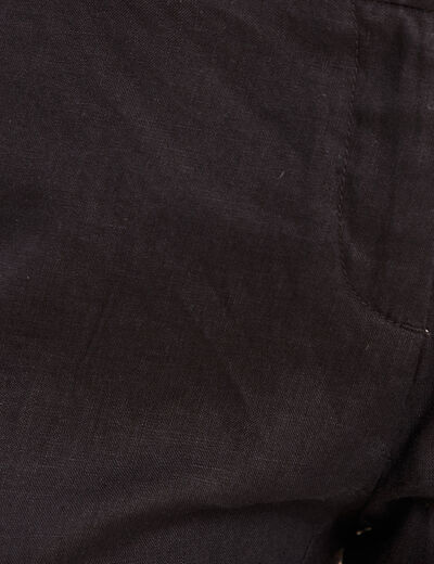 Pantalon coupe chino en lin ceintur&eacute; noir femme