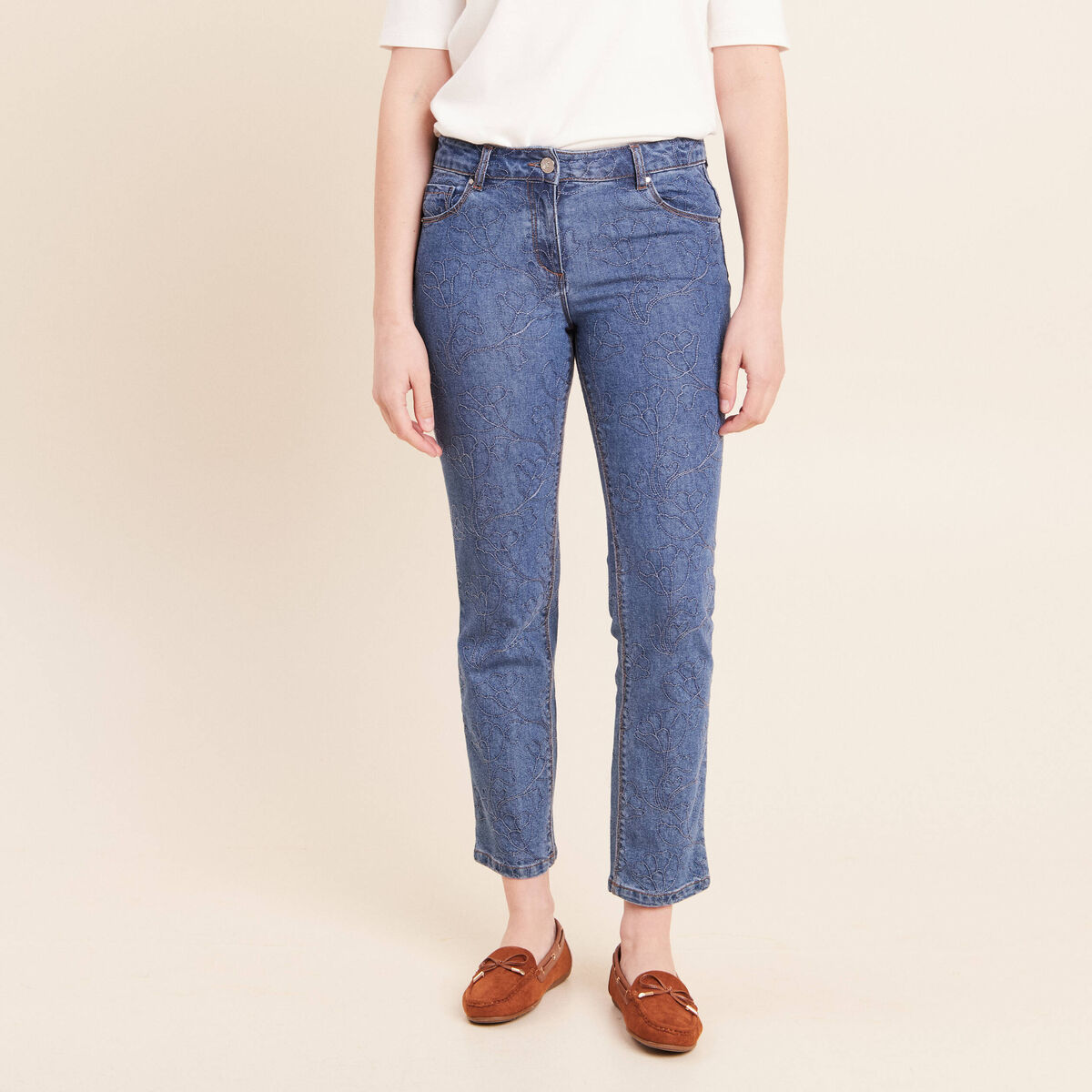 Jean coupe droite 7/8&egrave;me taille bascul&eacute;e bleu femme