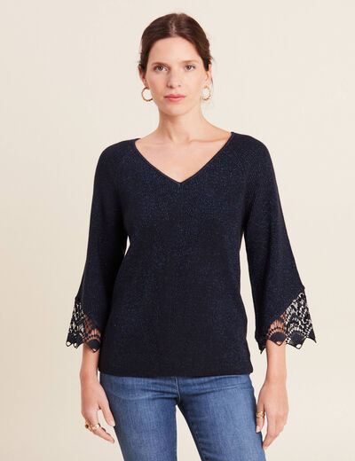 Pull manches 3/4 macramé bleu foncé femme