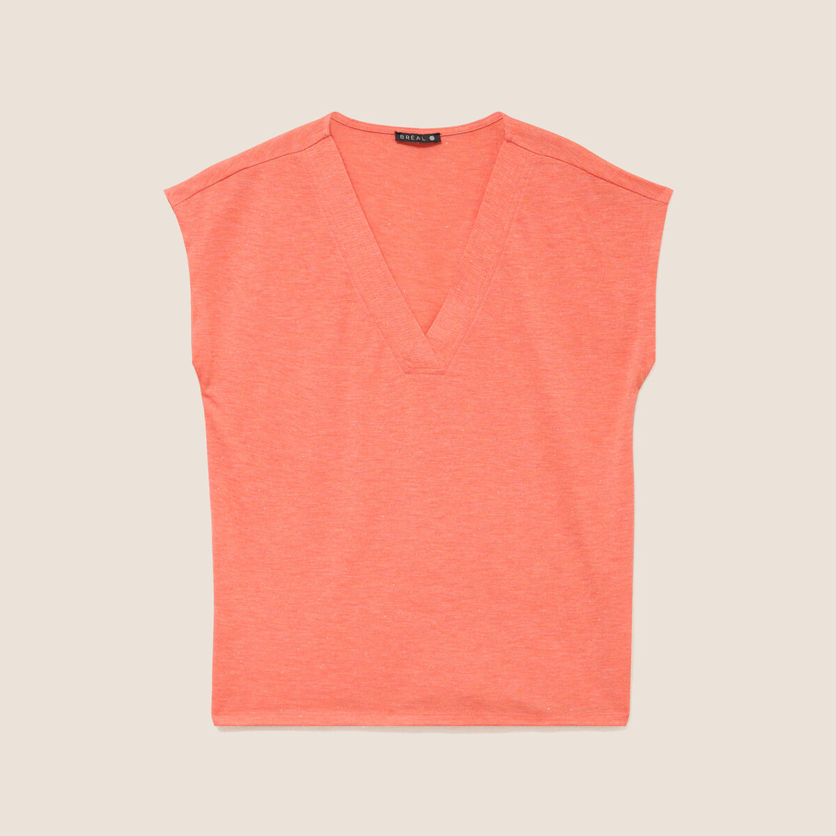 T-shirt col v manches courtes orange fluo femme