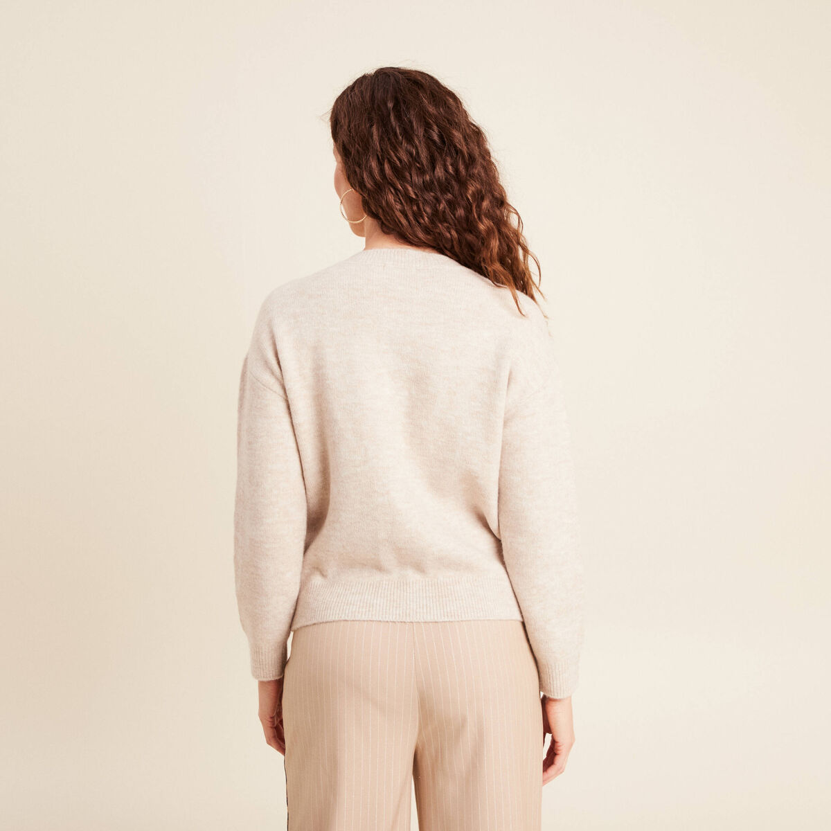 Gilet droit mi-long col rond beige femme