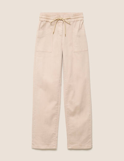 Pantalon taille haute coupe droite denim beige femme
