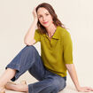 Polo ajour&eacute; col chemise manches courtes vert olive femme