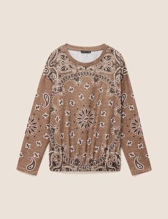 Pull col rond manches longues strass marron femme